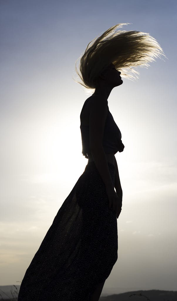 Artistic silhouette of a woman with hair flowing against a sunset sky, capturing elegance and motion.